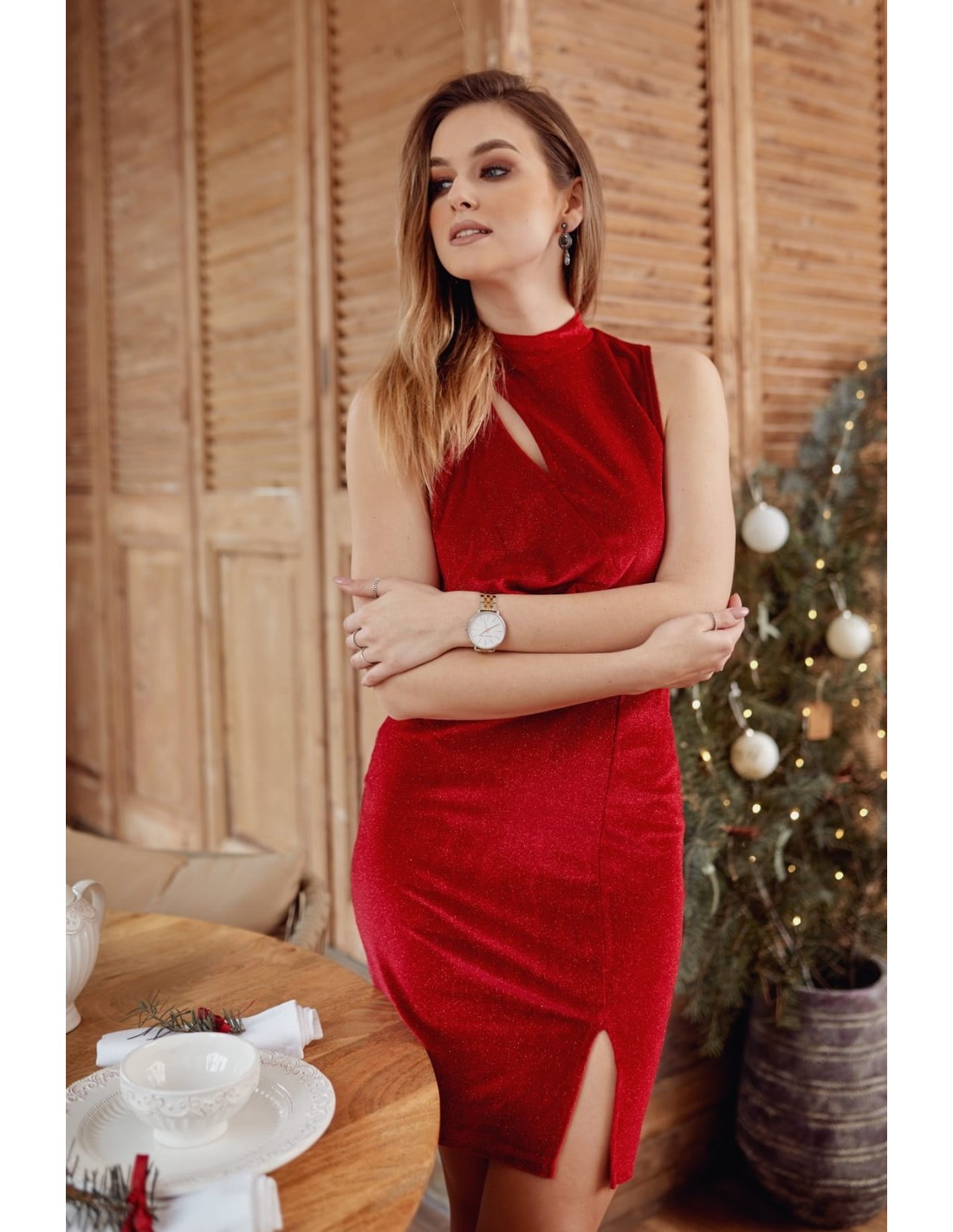 Elegant red dress with a stand-up collar 6880 - Online store - Boutique